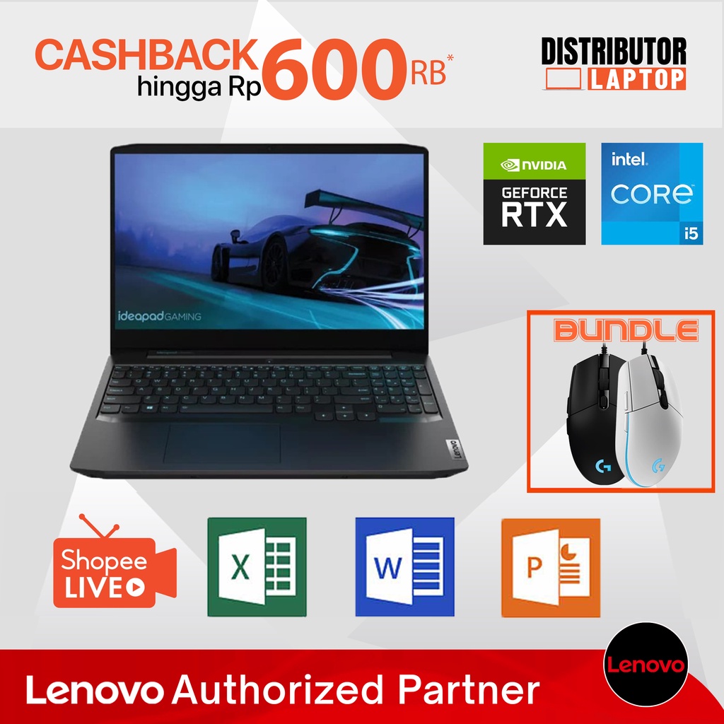 LAPTOP LENOVO IDEAPAD - LAPTOP GAMING 3i i5-11300H  RTX 3050 / 16 INCH / RAM 8GB SSD 256GB / 120Hz - BISA CICILAN 0%