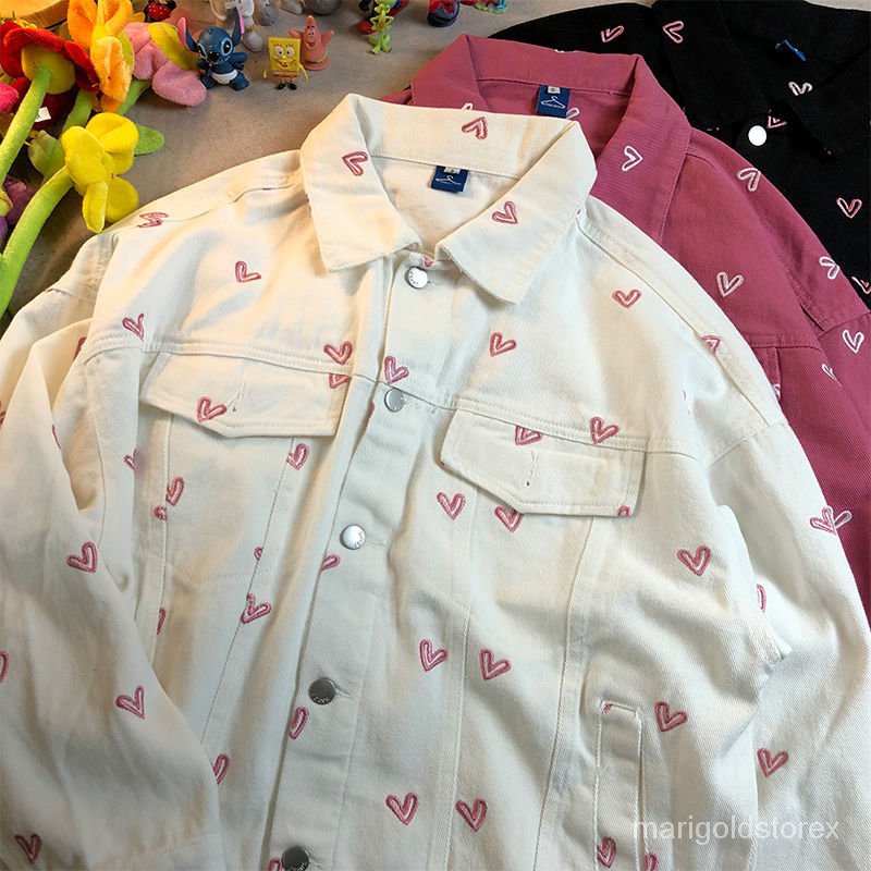 COD#jeans jaket wanita kekinian/jaket denim/jaket baseball/jaket denim hati wanita dicetak(2 colors)