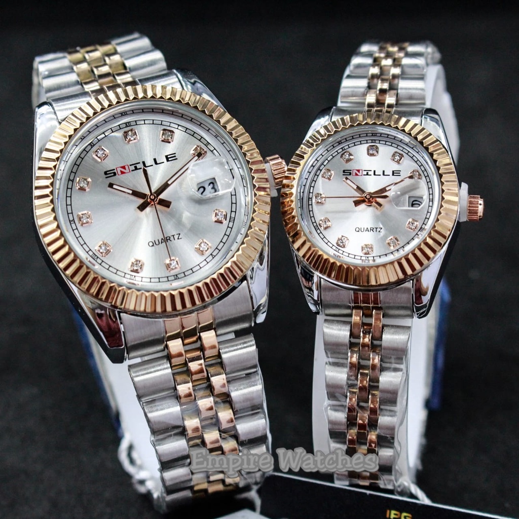 Jam Tangan Couple Snille RX N3333G/L Pria Wanita Cowok Cewek Analog Rantai Stainless Kualitas Original Waterproof ( Untuk Motif Plat Dasar Angka Jamnya Dikirim Secara Random )