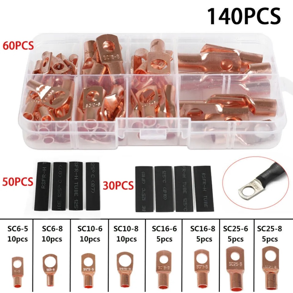 Skun SC Tembaga Cincin Lug Konektor + Heat Shrink 140 pcs