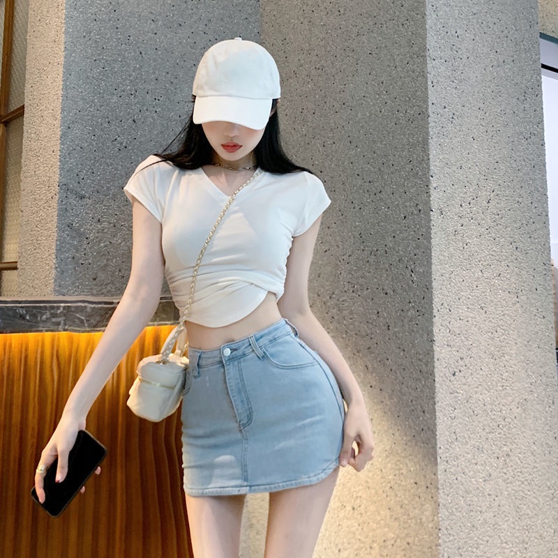 Red Desain musim panas masuk akal kerumunan kecil pinggang tinggi rok denim celah ramping perempuan anti-selip hot gadis tas hip rok seksi