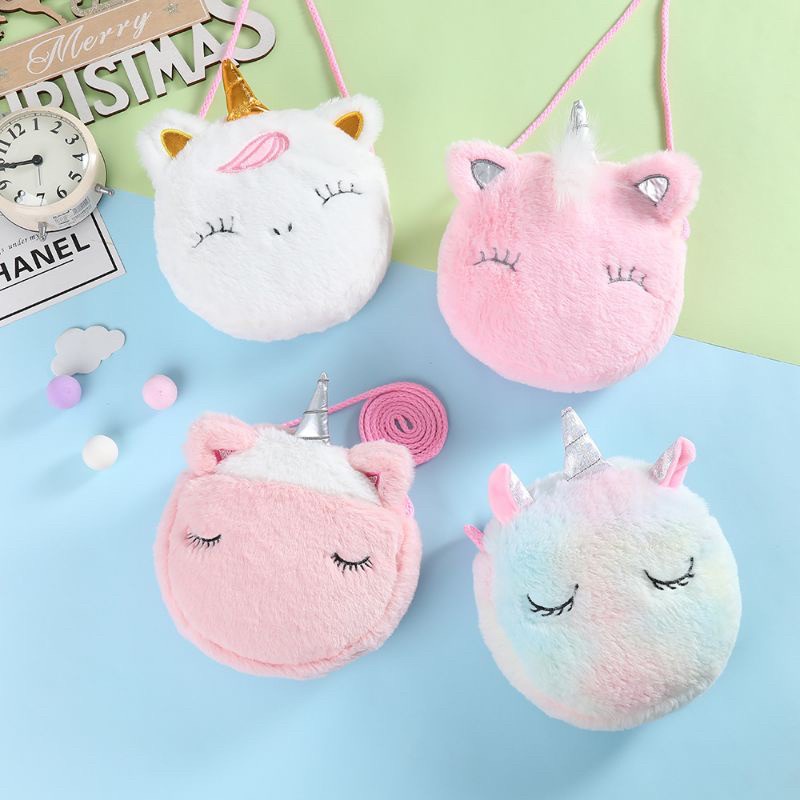 tas selempang kepala unicorn bulu bulat