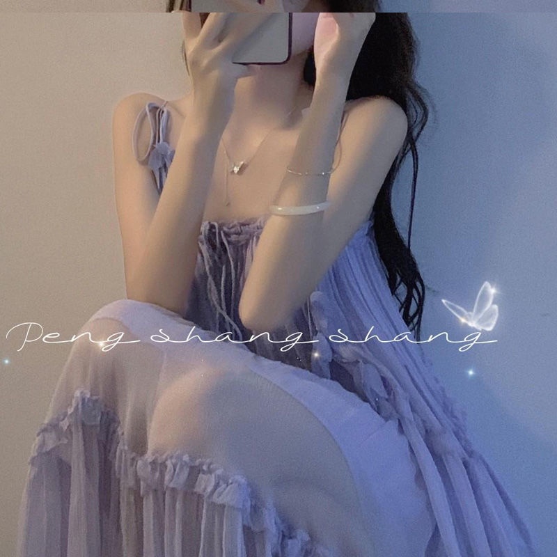 Gaun peri peri super lembut Prancis yang lembut, ceruk desain ceruk rasa resor tepi pantai, gaya gau