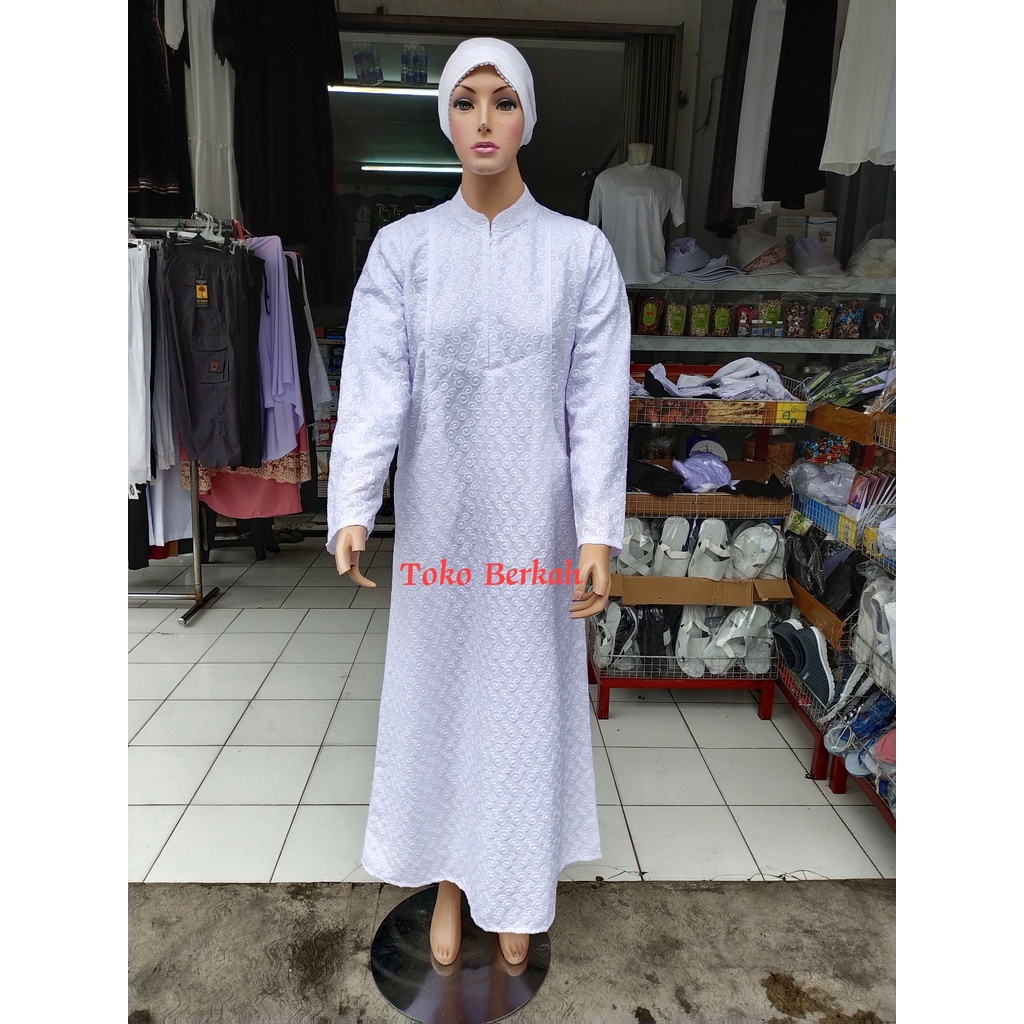 Gamis haji dan umroh katun paris satu set gamis kerudung ukuran super dan sarung tangan bordir