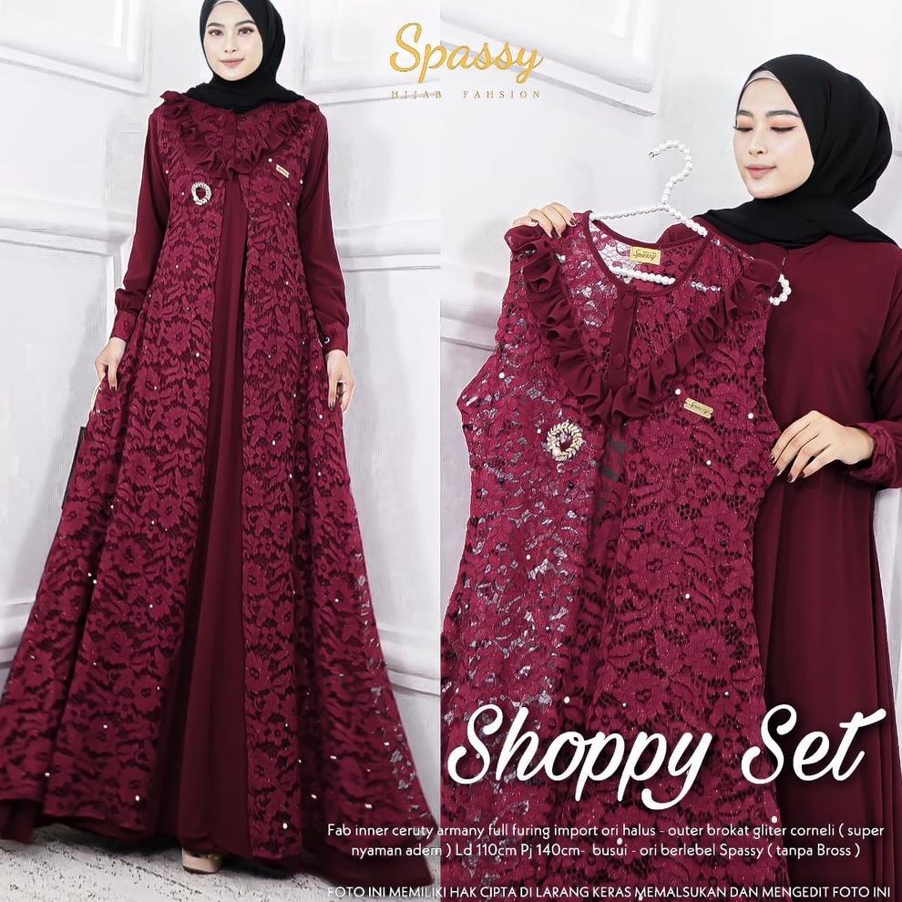 MENARIK Shoppy Set 2 in 1 Gamis + Outher Busui Friendly Bahan Ceruty Full Furing mix Brukat IMPORT