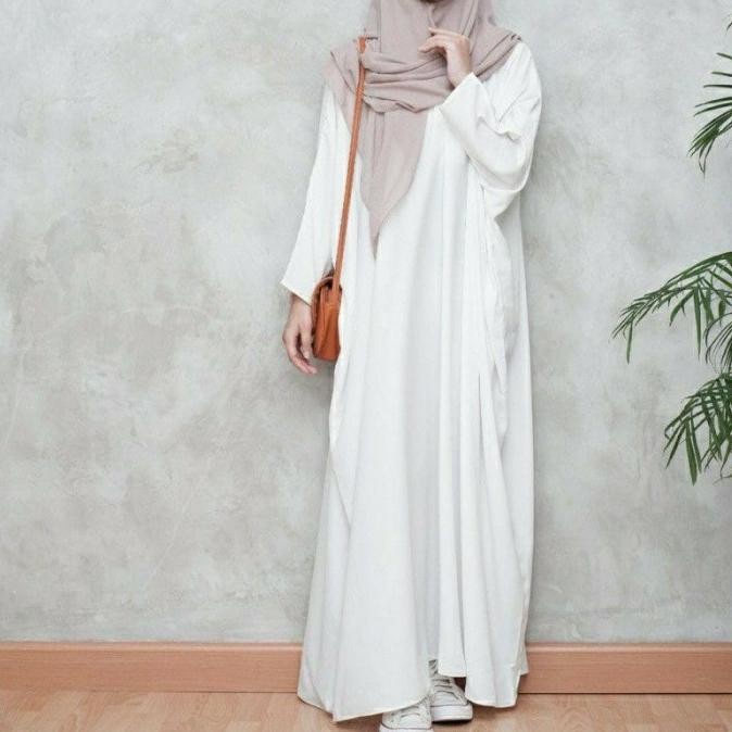 Gamis Abaya Hitam Polos Wanita Abaya Turkey Baju Umroh Wanita Basic Abaya - Putih, S(R3T7) Gamis Aba