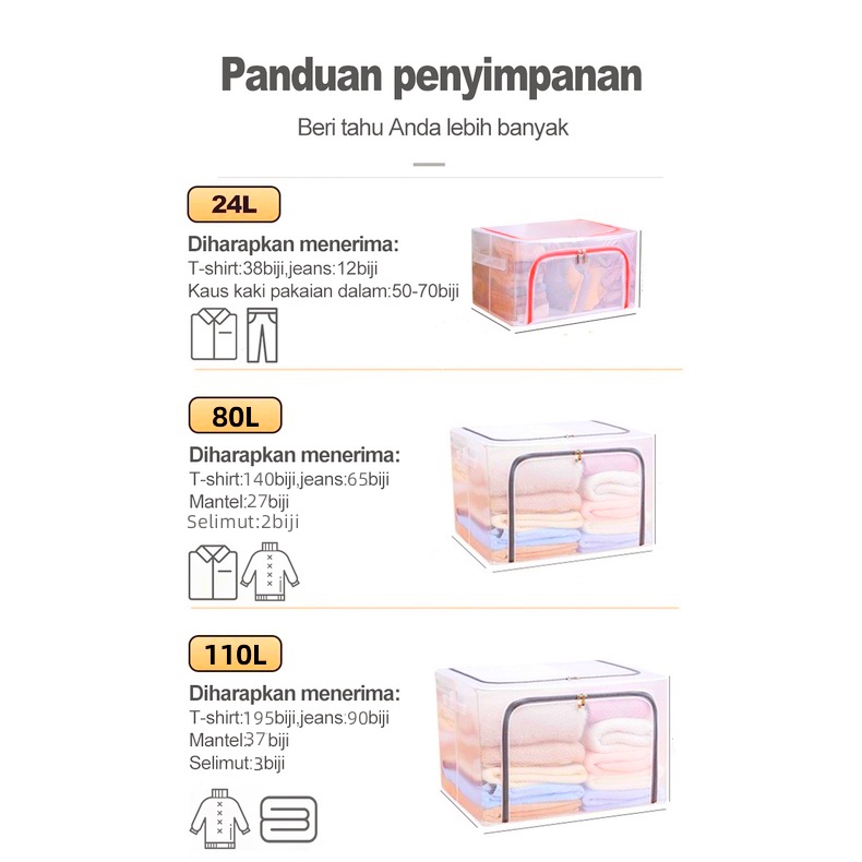 Storage Box Besar  24/80/110L  Storage Box Transparan Storage Baju Tempat Pakaian Serbaguna Storage Box Multifungsi Frame Baja tahan air COD