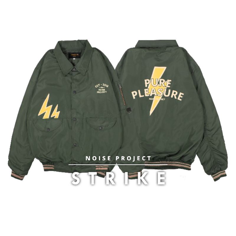 Jaket Bomber Pria Gambar Petir Jacket Varsity Baseball Warna Hijau Army