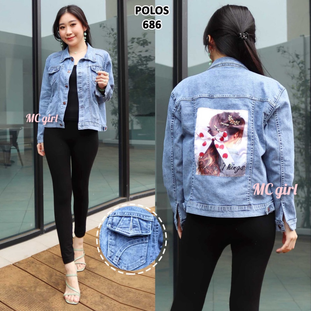 ( Bisa COD ) MC girl - Jaket Jeans Snow Gambar Belakang / Jaket Denim Gambar Pita Goyang Wanita / Jacket Lepis Gambar Pita Belakang