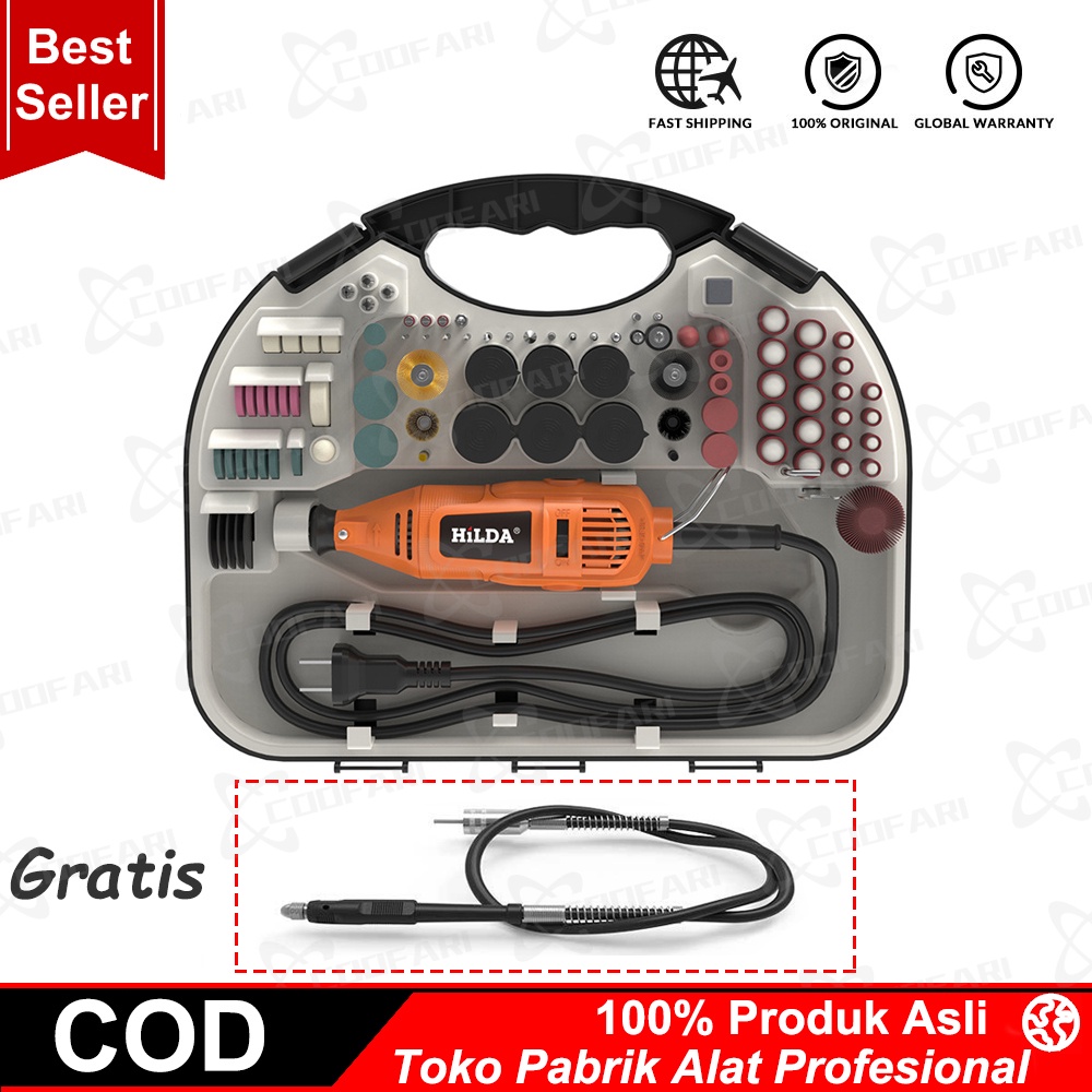 （ Dalam stok, dengan poros fleksibel ）HILDA 93pcs 200W Mini Grinder Set Bor Gerinda Tuner Blister Gerinda Bor Turner Listrik Elektrik MESIN TUNER MOLLAR / MINI DIE GRINDER （dengan kotak）