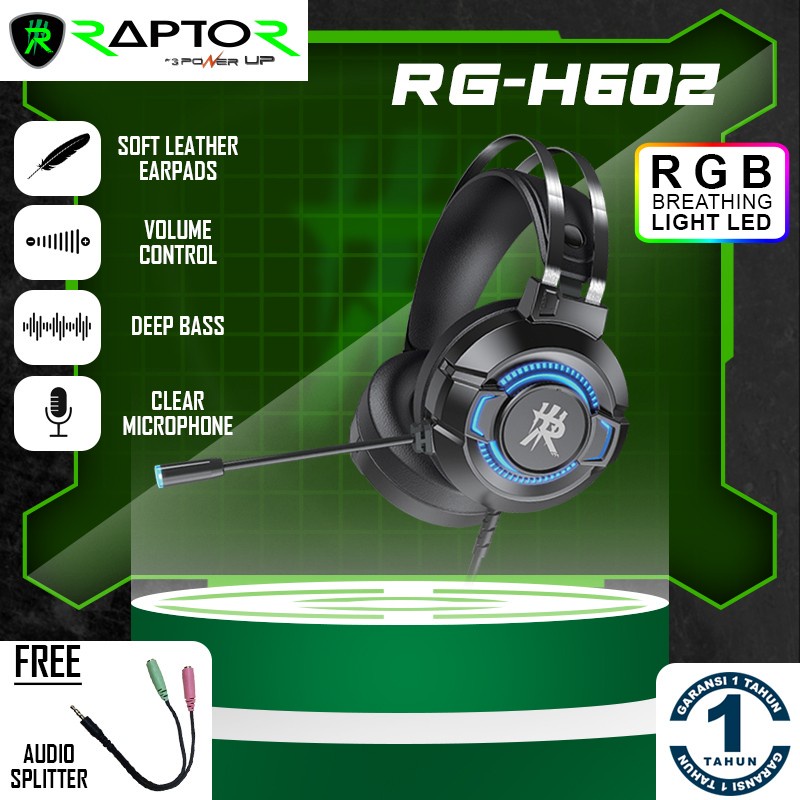 Headset Gaming Mobile &amp; PC RG-H602 RAPTOR Free Splitter Garansi 1 Tahun