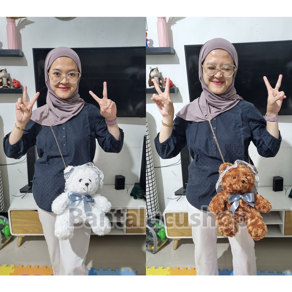 Tas Selempang Teddy Bear Pita Renda Bulu Snail Slim Bag Fashion  Tas Beruang Dewasa &amp; Anak