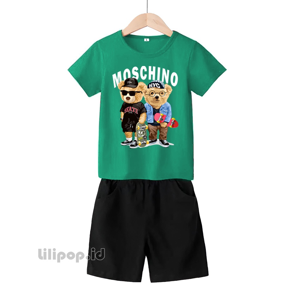 Baju Anak Stelan Kaos 3/4 Moschino.skaterboard Bear Cowok Cewek  Usia 2 - 7 Tahun Celana Pendek Harian