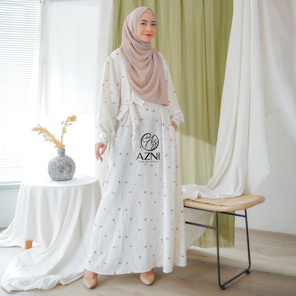 Syafa Dress Putih Wanita Muslim Ala Korea Bahan Crinkle Premium Nyaman Busui Friendly