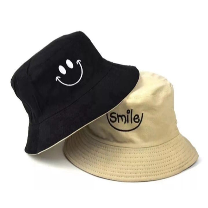 Topi Bucket Pria dan Wanita Motif Bordir Smile Face untuk Outdoor bolak balik