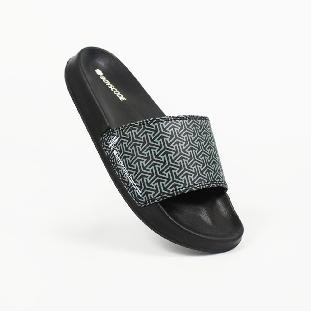 Sendal Selop BOYSCODE Triangle Hitam Abu Pria Wanita / Sandal Slide Cowok / Sandal Slip On / Sandal 