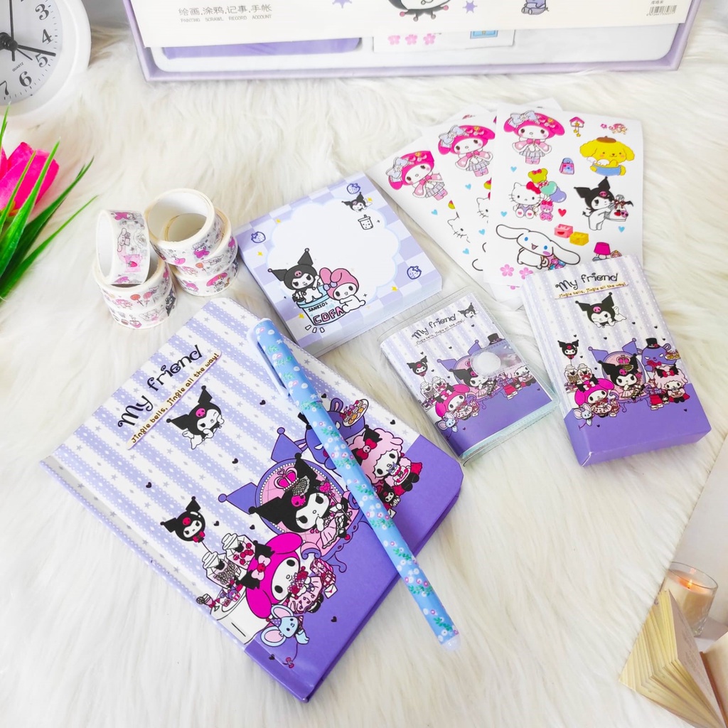 PAKET JURNAL 7 IN 1 STICKER SANRIO KUROOMI UNIK ALAT JURNALING LUCU IMUT KARAKTER GAMBAR GIFT BOX