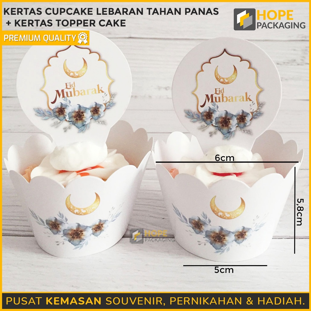 PAKET Kertas Cupcake 5 PCS Tahan Panas + topper cake Lebaran / Hiasan Kue Edisi Idul Fitri Topper Cupcake Desain Tulisan