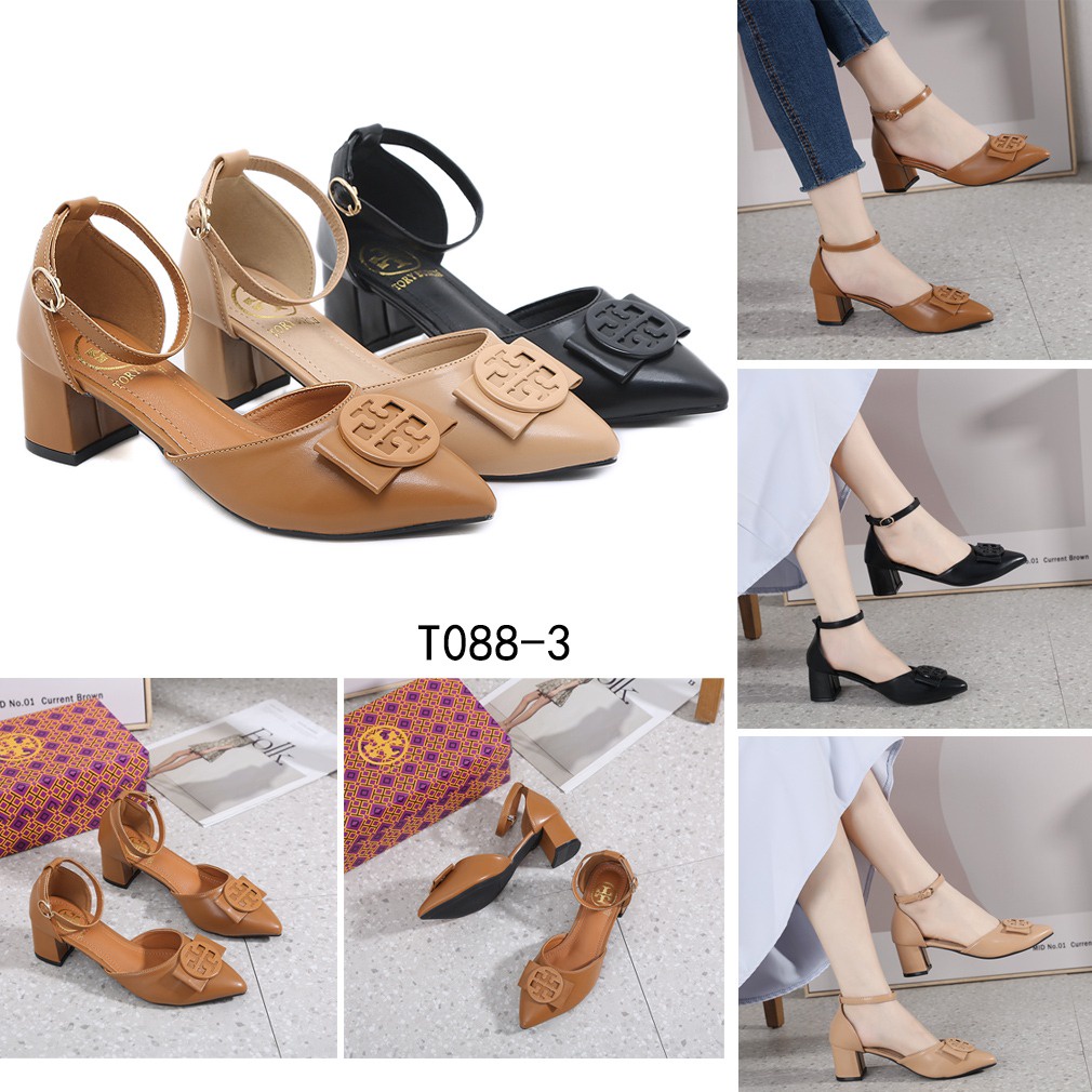 TB Logo Bow Ankle Strap Pump Block Heel T088-3