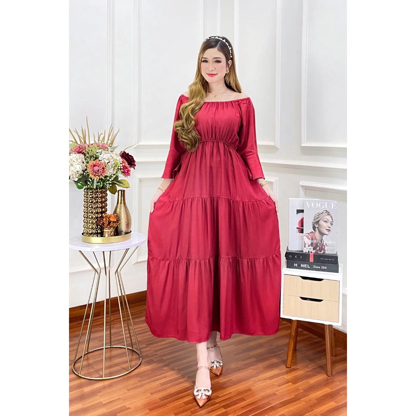 Midi dress sabrina susun rempel polos jumbo rayon twill