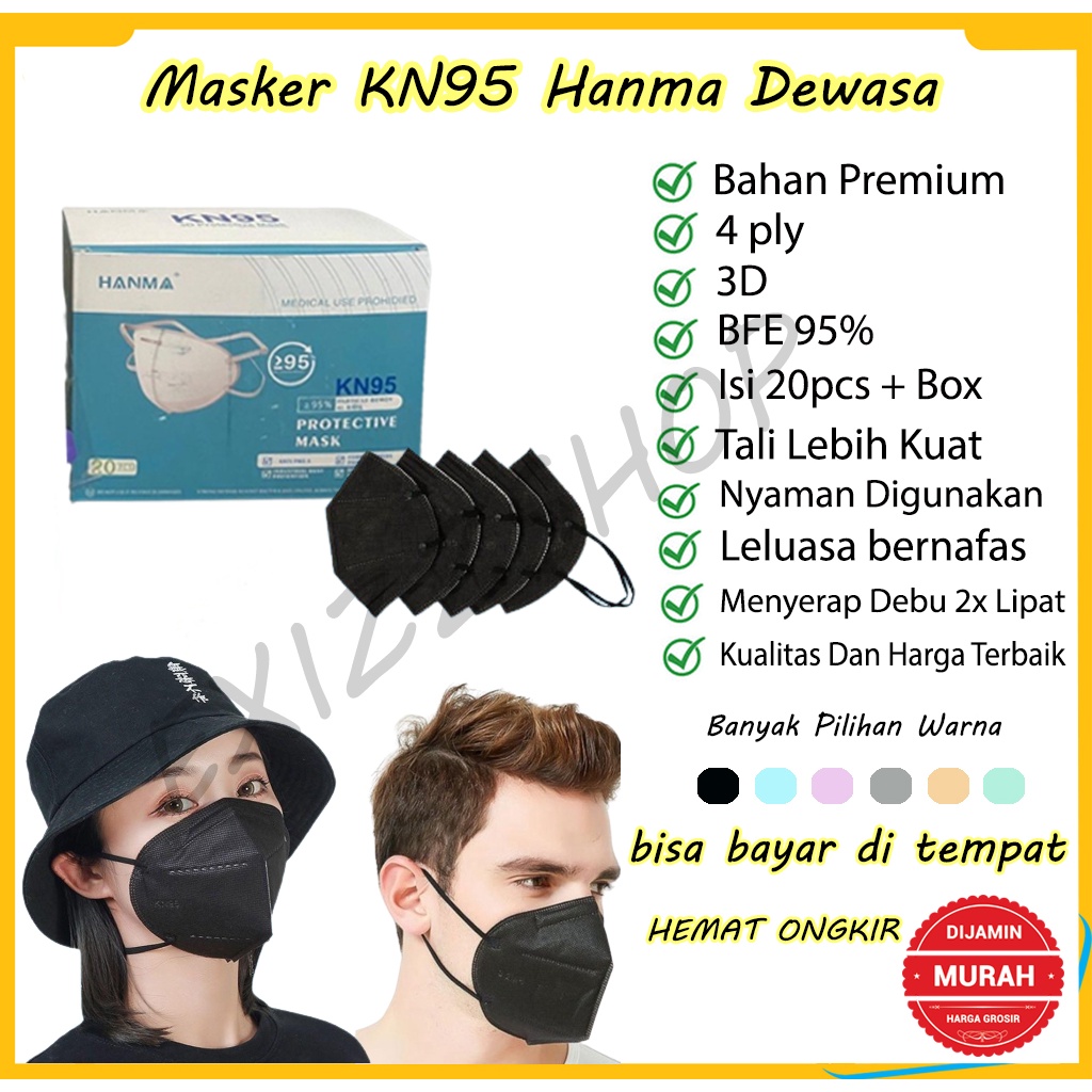 masker Kn95 HANMA hitam 1box isi 20pcs packing plastik