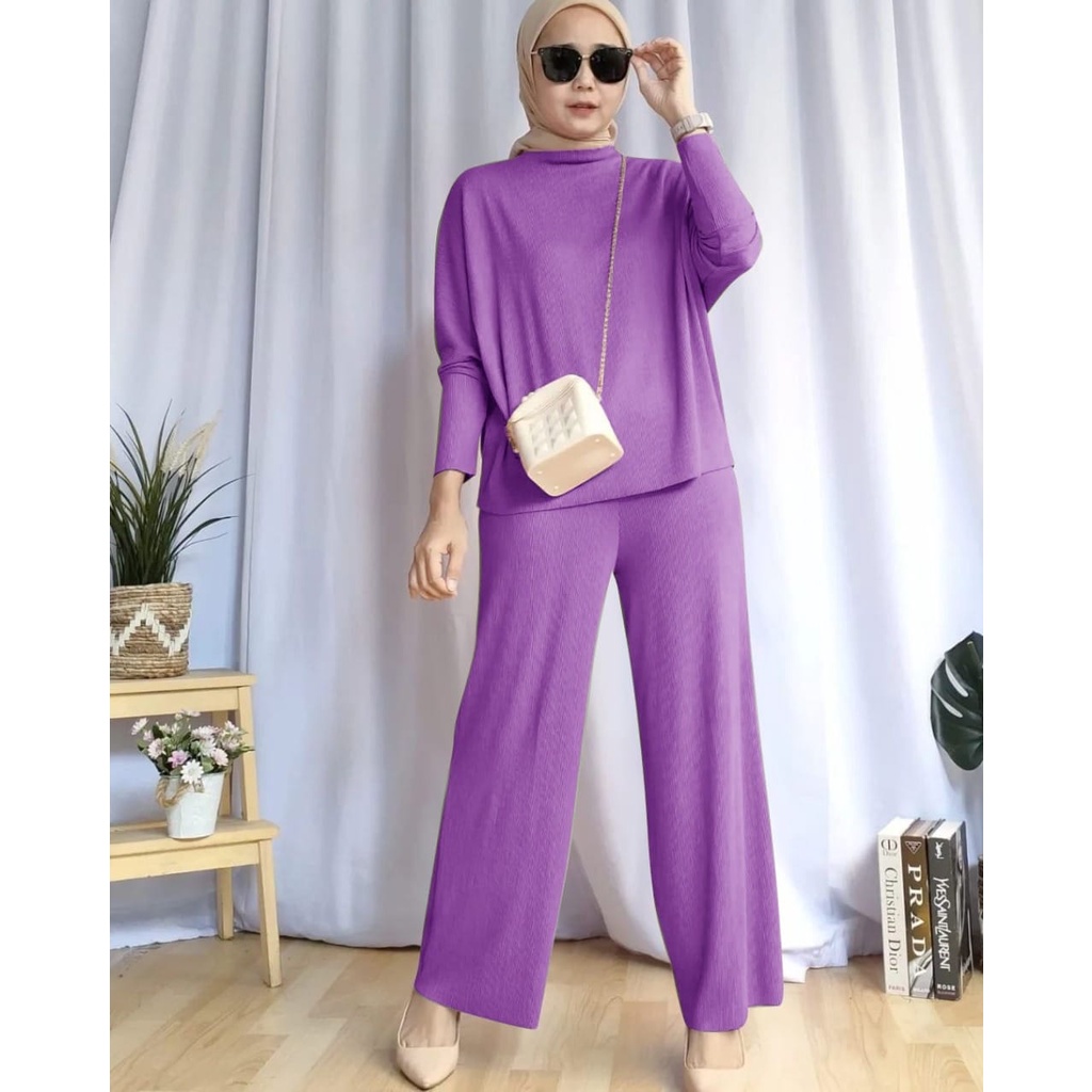 PCS SET ELIVIA MR FASHION PAKAIAN WANITA SETELAN ATASAN DAN CELAN BAHAN RIB KNIT