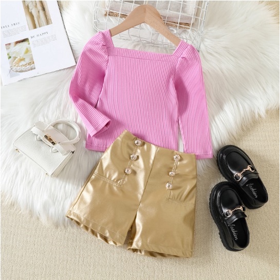 ONE SET ANAK MODEL CELANA EMAS + BAJU LENGAN PANCUNG SIZE 90-130