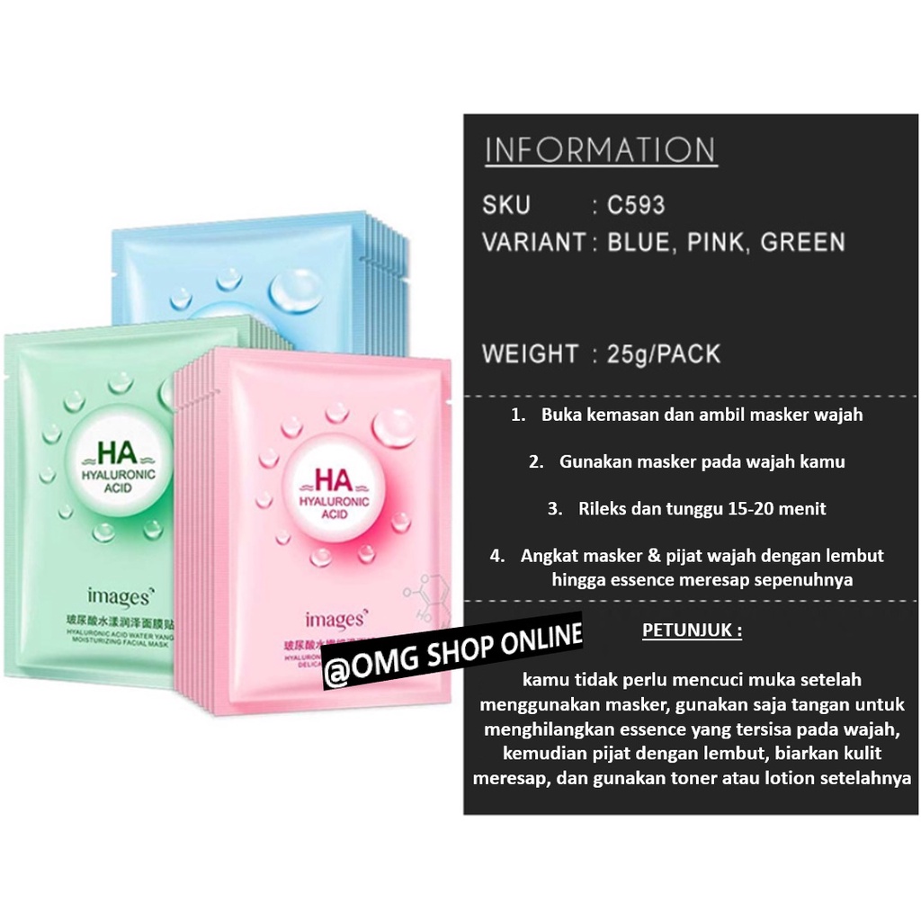 Isi 10 Pcs CAMPUR !! Masker Wajah Images HA Hyaluronic Acid Serum Glowing Facial Sheet Mask / Masker Wajah Pemutih dan Glowing Masker Muka / Masker Wajah Organik Korea Serum Wajah Pria Wanita Masker Wajah Komedo dan Pori Jerawat / Masker Wajah Viral