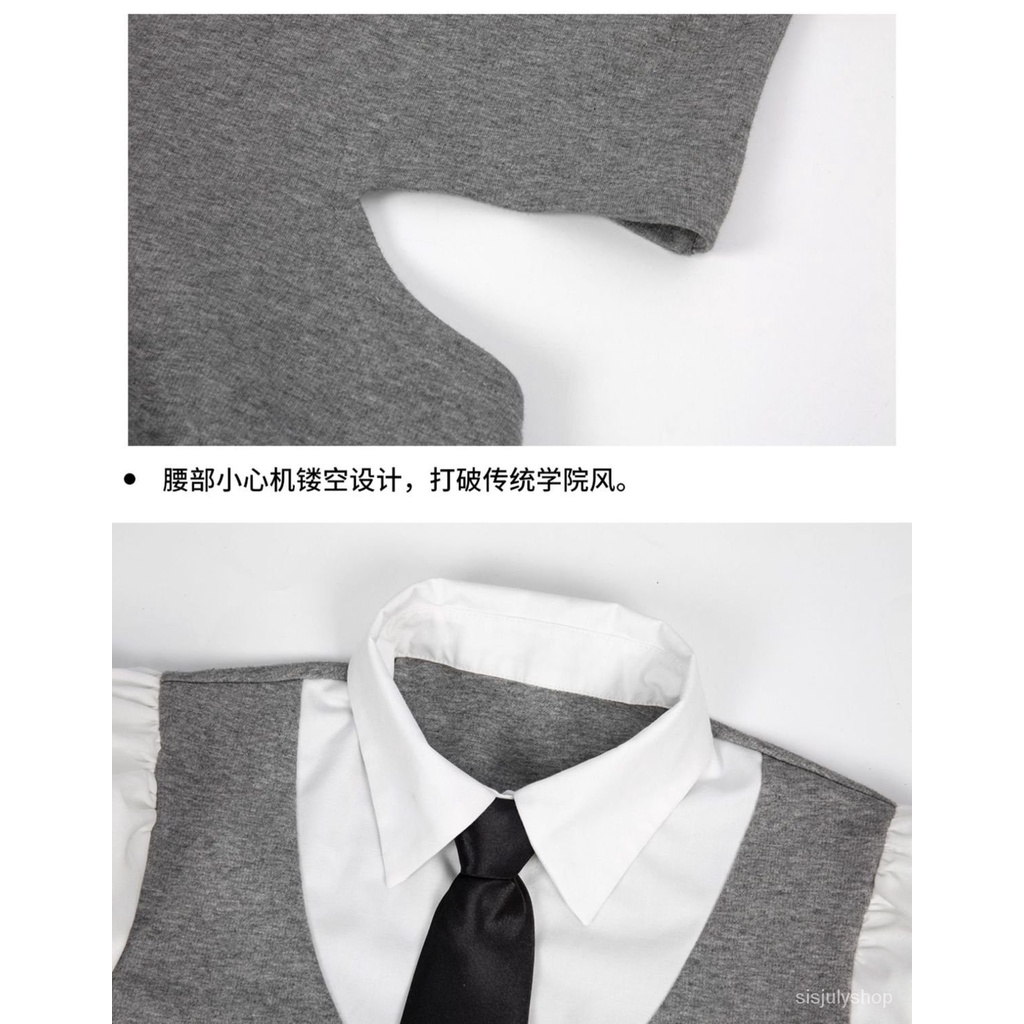 [✅BISA COD] #Sisjuly# Gaun penyambungan kemeja wanita palsu dua potong berongga lengan gelembung tan