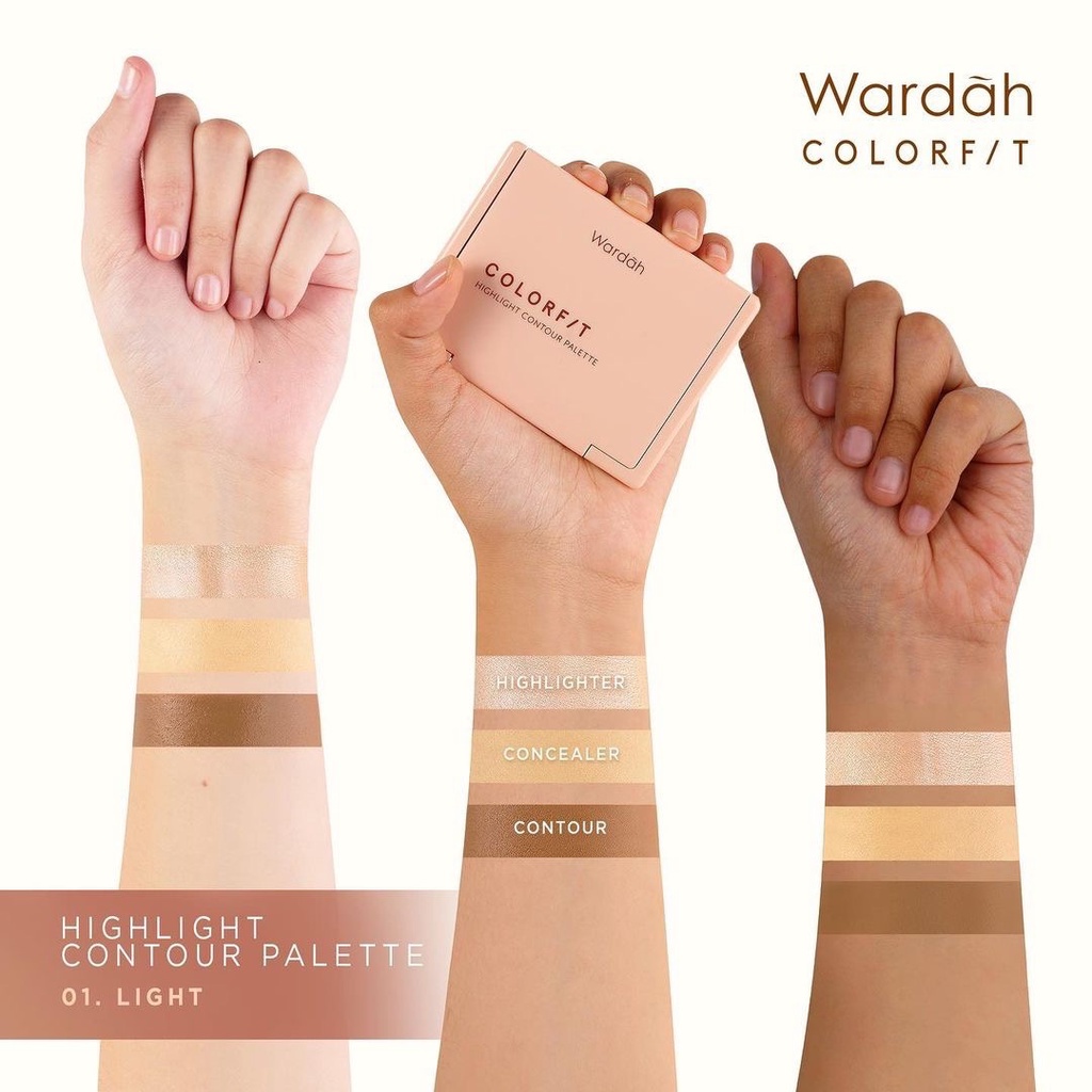 WARDAH Colorfit Highlight Contour Palette Indonesia / 3 IN 1 Highlighter Contur Concealer / Intense Blendable / Creamy Shimmer Natural Pigmented Look Savvy Soft Focus Halus Palet / 01 Light 02 Medium / Cosmetic Makeup Face Eye Makeup / Eyeshadow Series