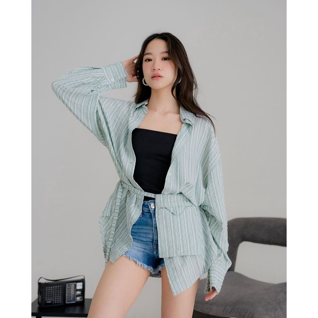 Kemeja Oversize Lengan Panjang Wanita dengan Tali Pinggang Tas - Bridget Belt Shirt