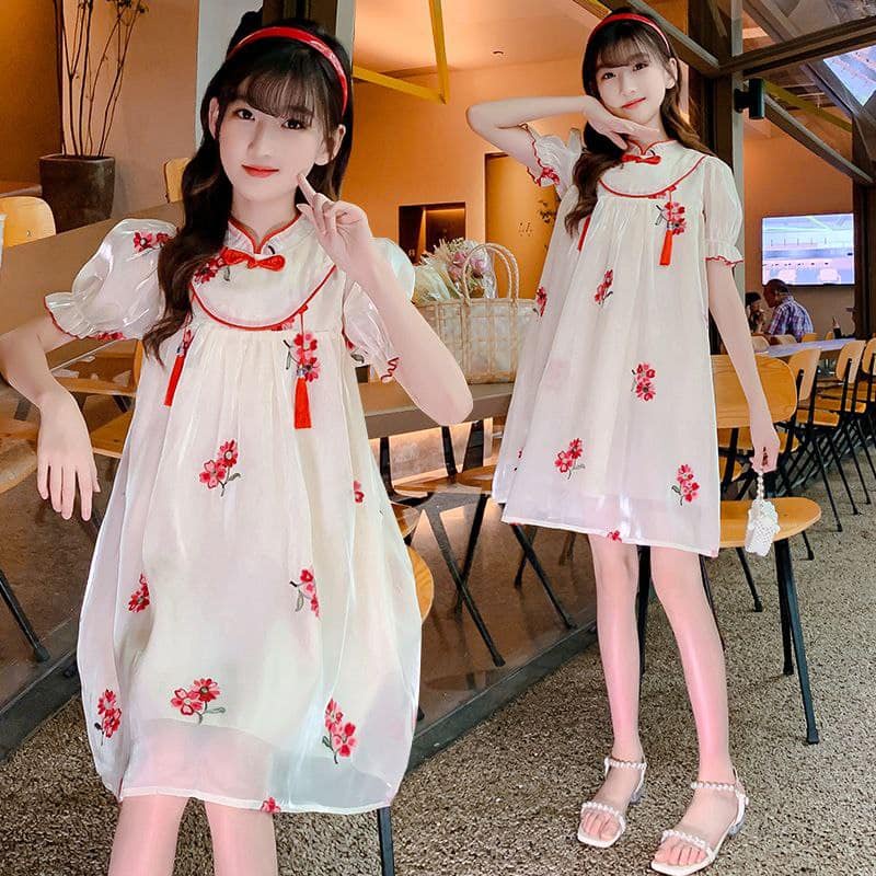 Dress Anak Remaja Perempuan Impor Bunga Bunga Merah Putih Cheongsam Qibao
