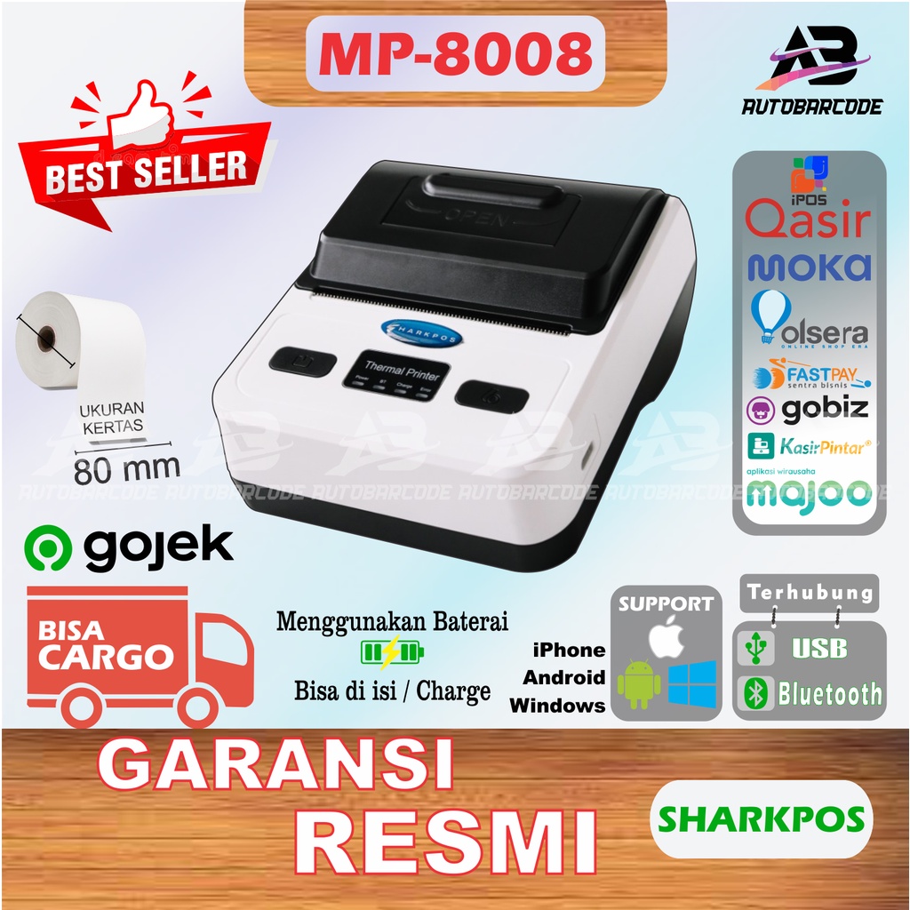 Printer Bluetooth Kertas Thermal SHARKPOS MP 8008 / MP-8008 / MP8008 Pos Kasir Struk PPOB Print Portable Support Mokapos 80mm RPP02N