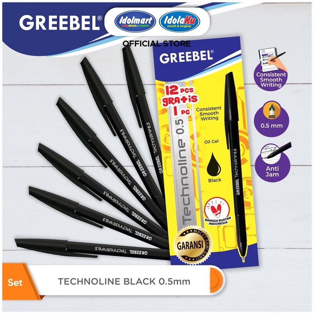 IDOLMART  Pulpen Greebel 12 pc + Free 1 Technoline 0.5 Idolmart Surabaya