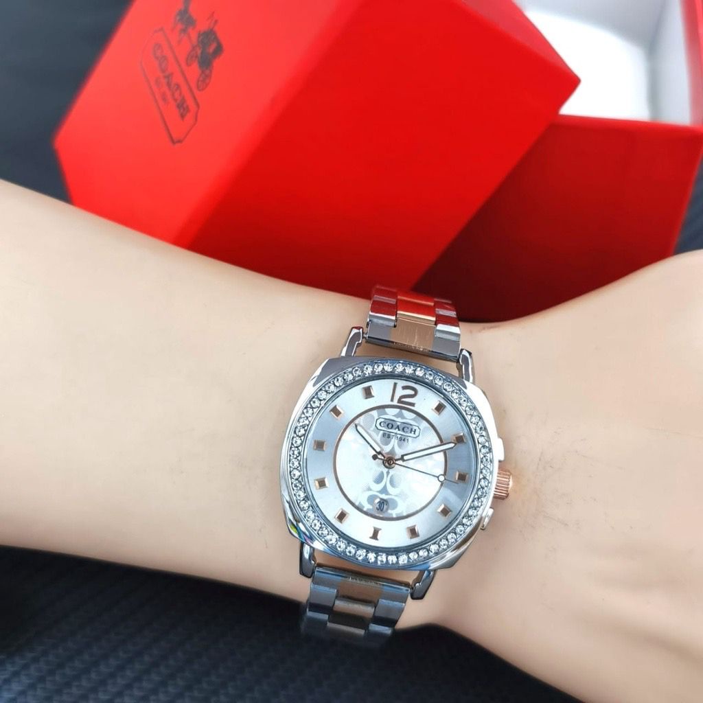 Jam Tangan Wanita Coach KZ Permata Rantai Body Bulat Tanggal Aktif