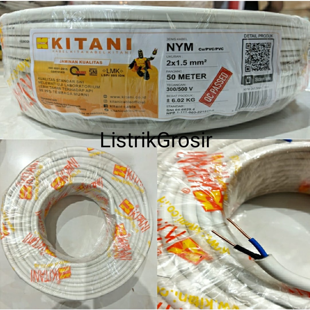 Kabel Kawat Putih NYM Kitani 2x1,5 2x1.5 mm Roll 50m SNI Tembaga Asli