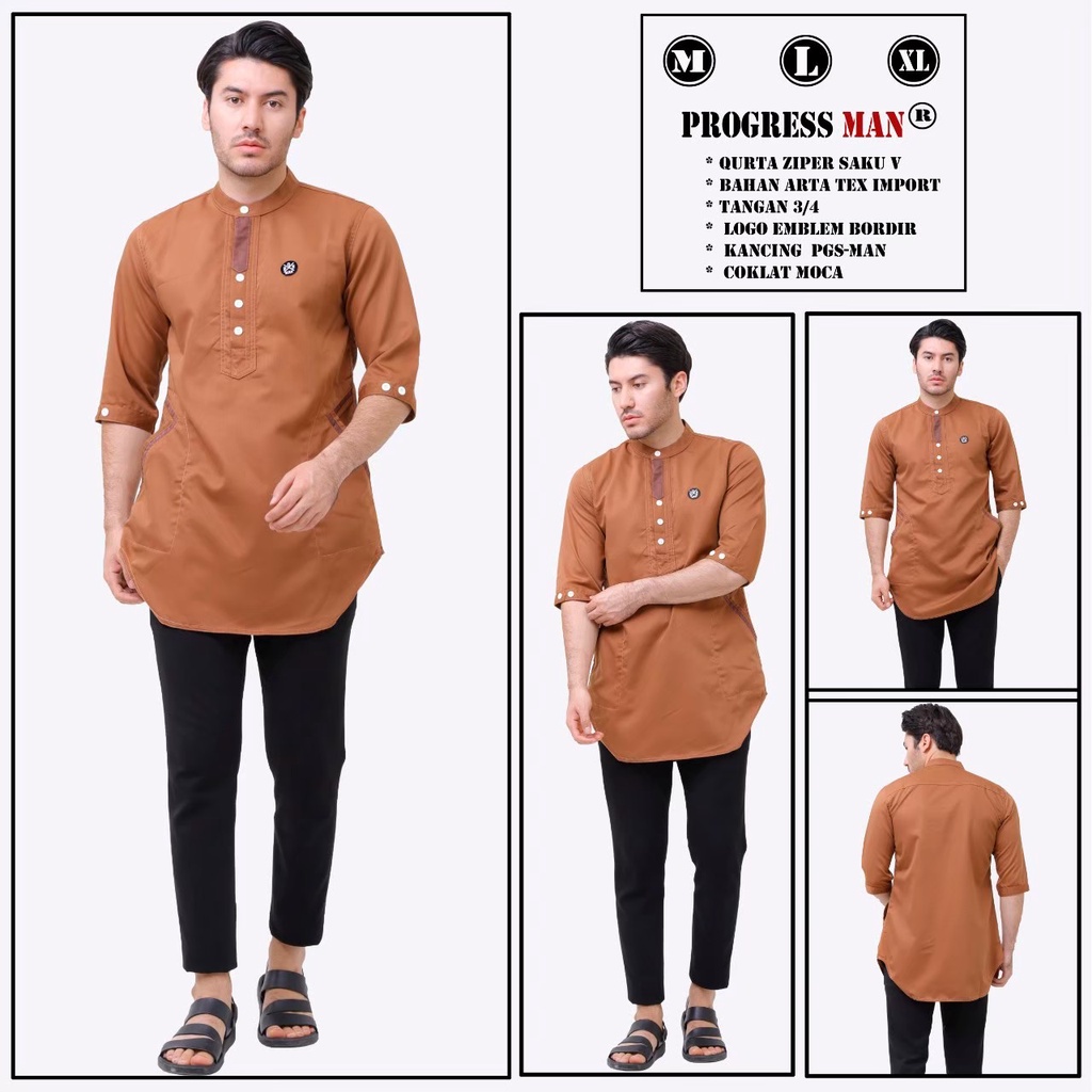 PROGRESS MAN Baju Muslim Pria Dewasa Premium  Kurta V  Koko Cowok Original Lengan Tiga Perempat kurta Pakistan Terbaru Lebaran 2023 Warna V WARDAH