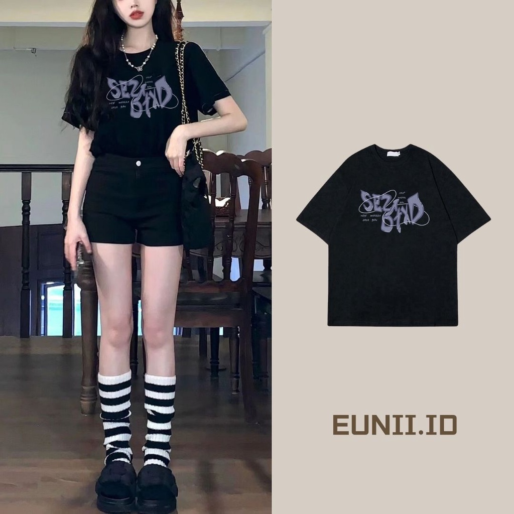 EUNII T-shirt Lengan Pendek Retro English Korean Style/Kaos Atasan Wanita/Baju Kaus Oversize Wanita/Kaos Wanita