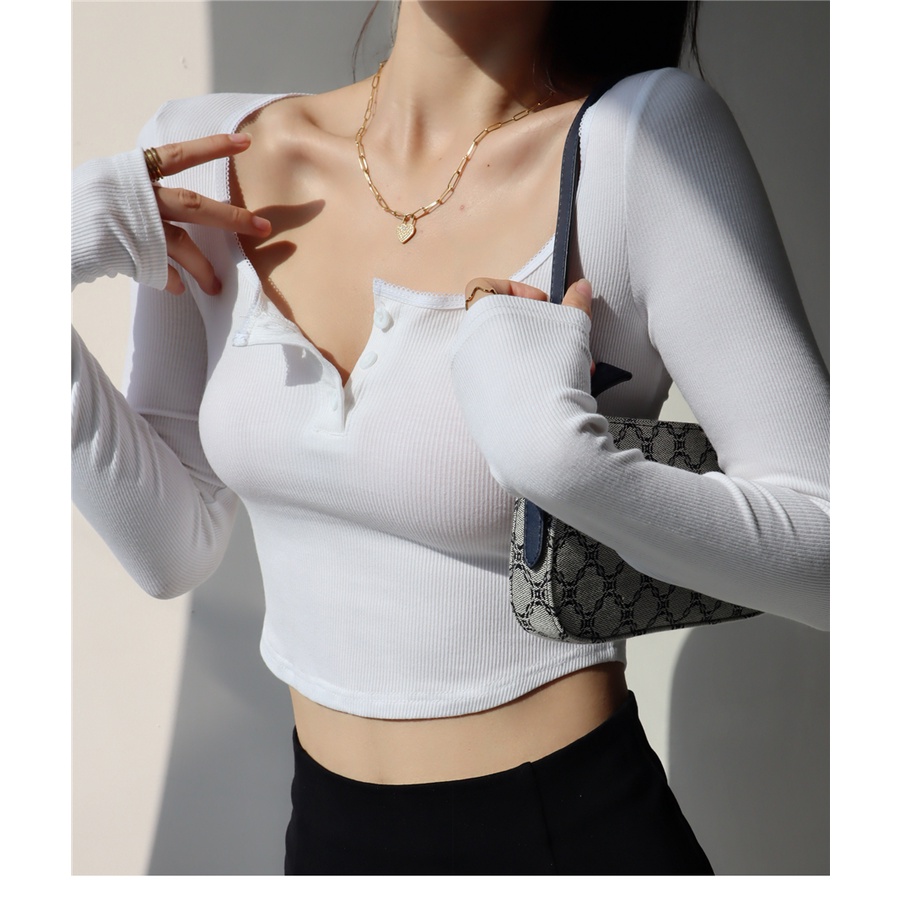 [3 Warna] EUNII Kaos Polos Tight Lengan Panjang Gaya Rajutan Korea Crop Top Atasan Wanita