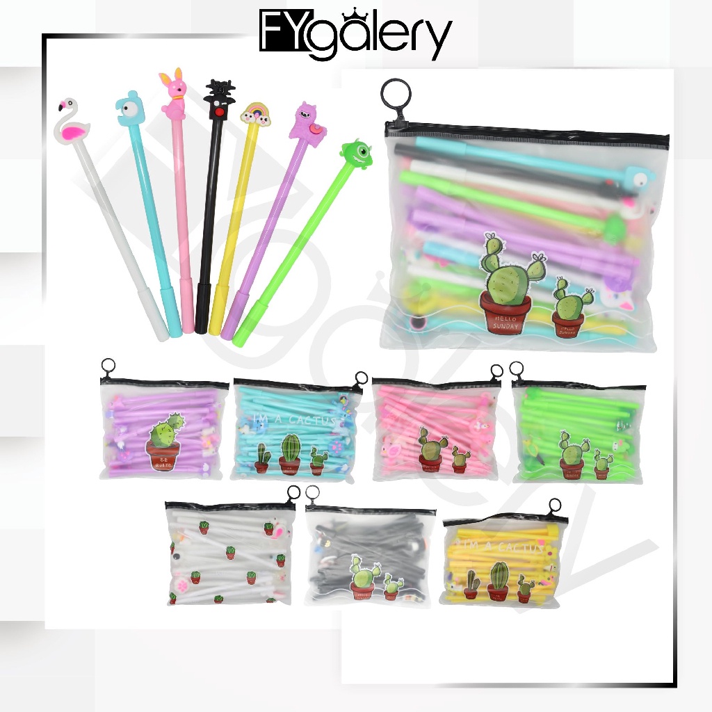 FYGALERY HL0078 Pena Karakter Set Pouch Isi 20 Pcs Tempat Pensil Transparan Zipper Bag