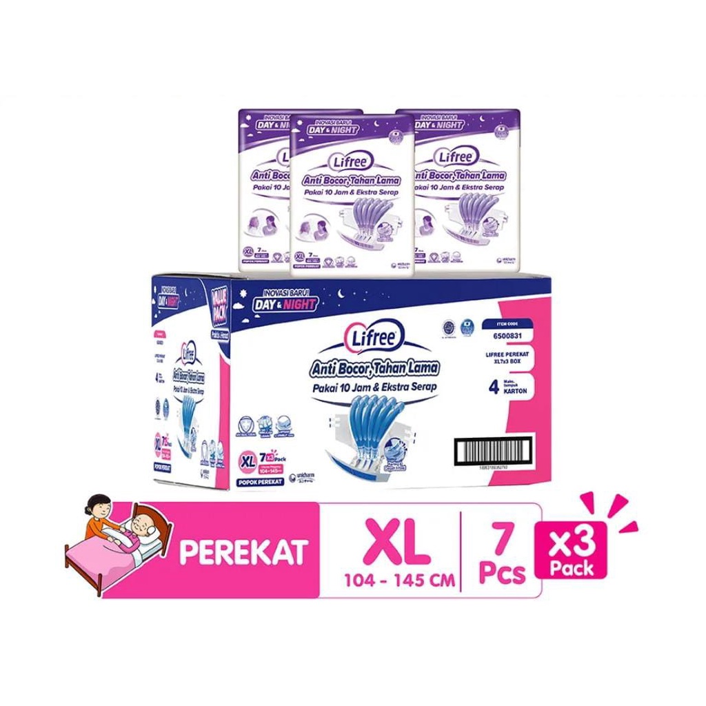 Lifree Popok Dewasa Perekat Menyerap &amp; Kering XL7 - Karton Isi 3 Pack