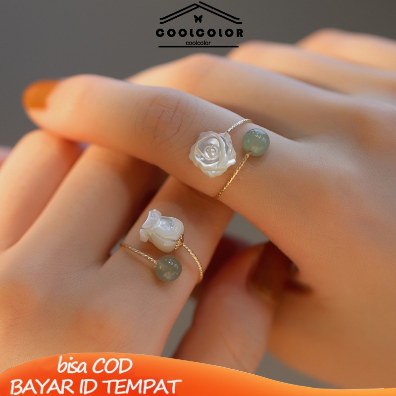 COD❤️Cincin Wanita Pembuka Bunga Mawar Putih Giok  Kemewahan Cahaya Cincin Desain Niche- cl