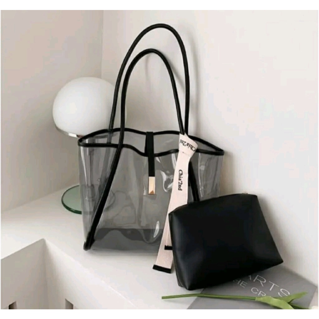 Totebag Wanita Florida PVC - Tas Bahu Wanita Transfaran Mika PVC - Shoulderbag Wanita - Free Pouch/Handbag - Tas Kuliah