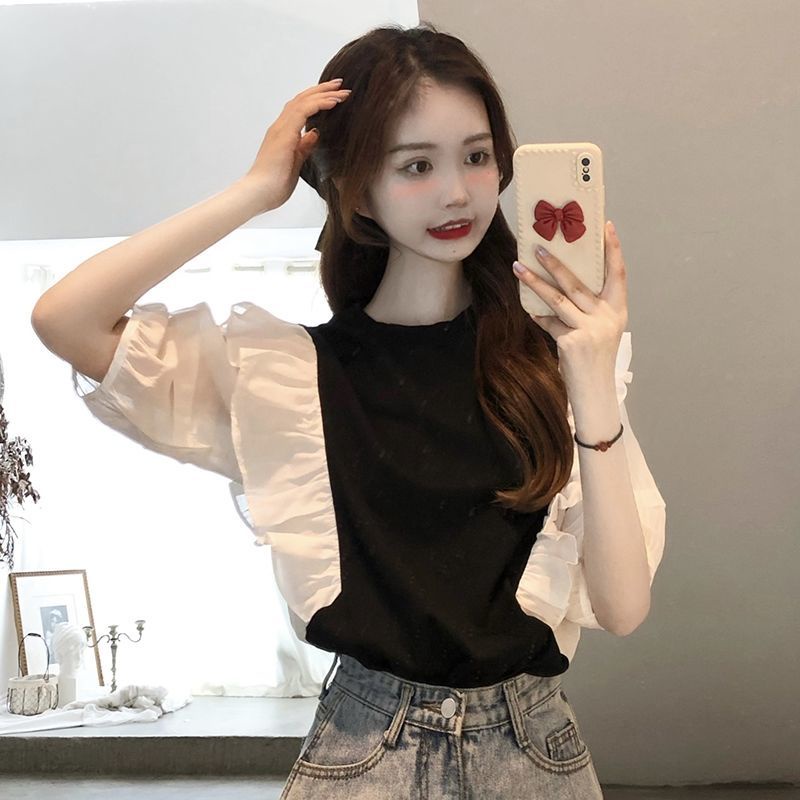 Ukuran Besar Musim Panas Gaun Chic Top Ruffle Chiffon Jahitan Lengan Pendek Boneka Kemeja T-shirt Wanita 200 Kati Bagian Tipis