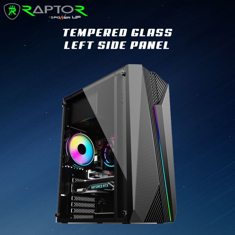Casing Gaming Atx mAtx Raptor R-1615 Tampered Glass Side RGB Stripe Front