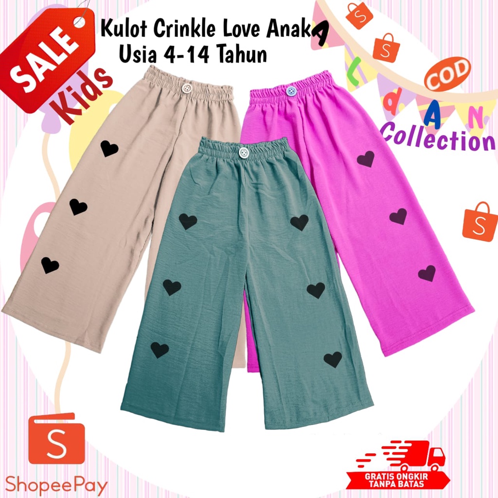 Kulot Crinkle Love Anak Perempuan Usia 4-14 Tahun / Kulot Crinkle Anak / Celana Crinkle Anak / Kulot Anak Perempuan / Celana Anak Perempuan