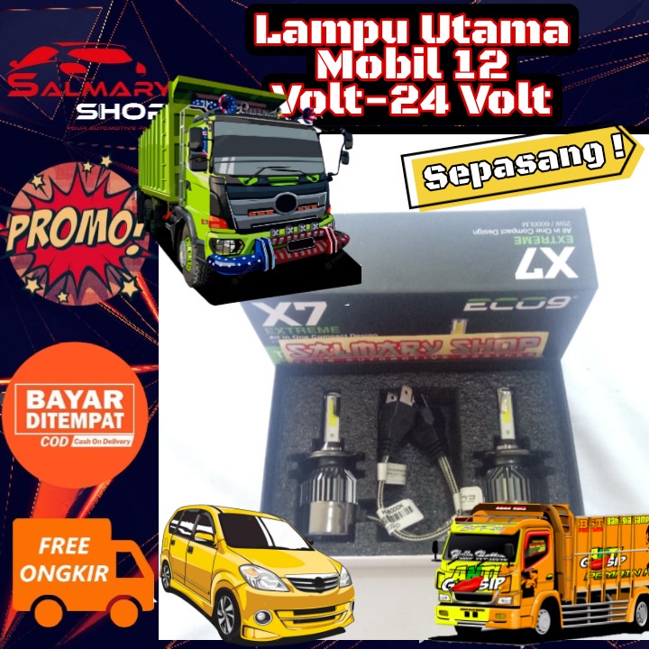 SEPASANG  Lampu LED Utama Mobil Truk Canter 24v 24 Volt Dengan Kipas Luminos X7 Warna Putih PNP 25