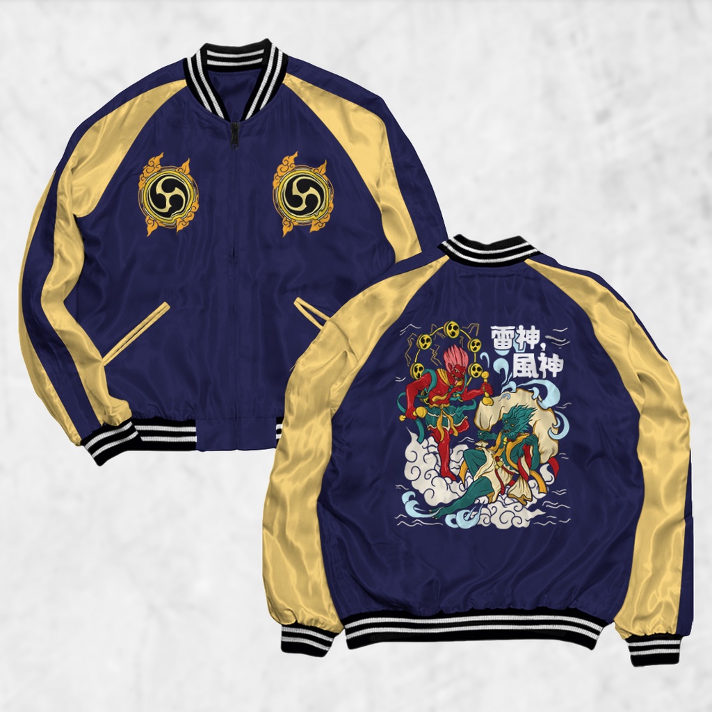 PIYAMAKUMU Jaket Sukajan RAIJIN Pria Wanita Distro Unisex Japan Premium Original NAVY GOLD