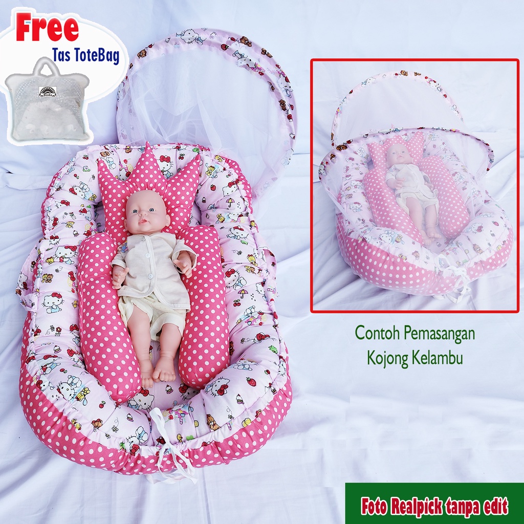 KASUR BAYI BABY NEST PREMIUM DENGAN KELAMBU + FREE BANTAL PEYANG + TAS DAN GULING BAYI (BISA 2 SISI MOTIF BOLAK BALIK)