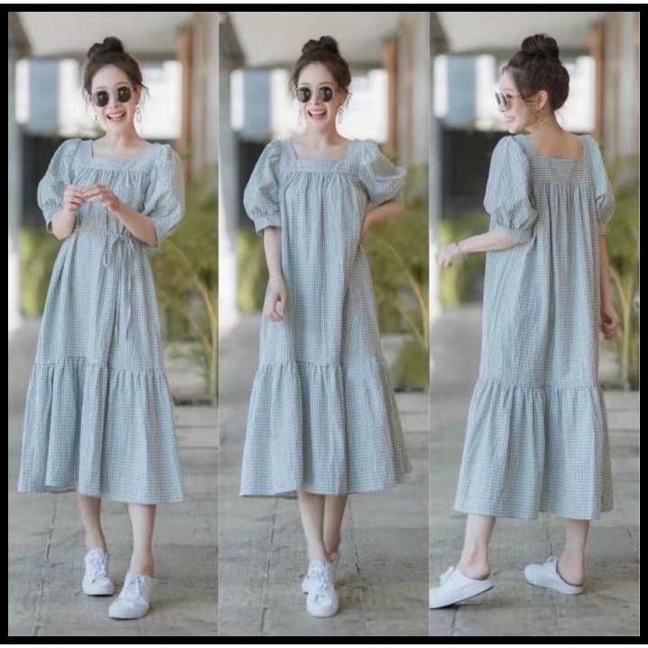 Maxi Dress Diahko 1397#/Dress Kotak U Neck Koean Style(Free Obi Belt)